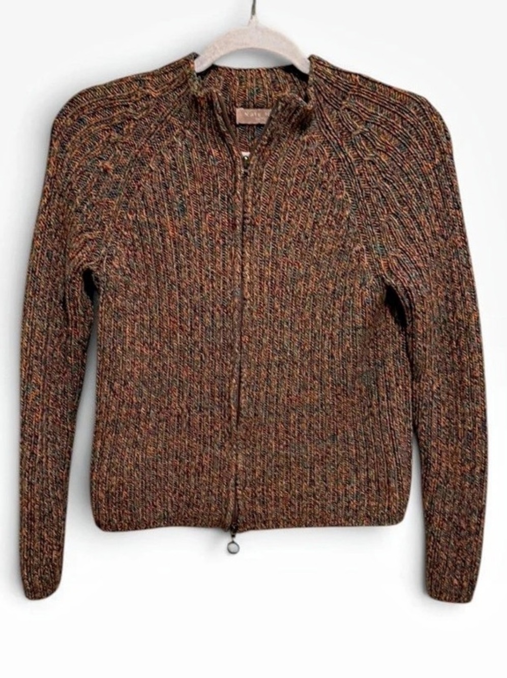 Vintage Kate Hill Petite Marled Chunky Ribbed Zip Up Sweater Cotton Blend PS